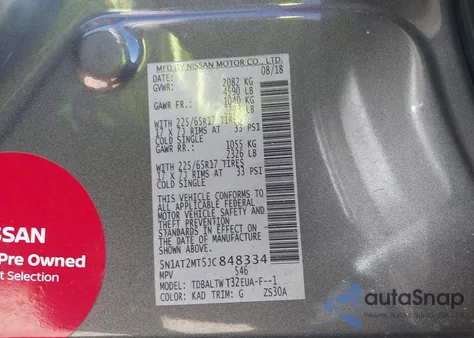 2018 Nissan Rogue Sv z USA, uszkodzony, nr VIN 5N1AT2MT5JC848334